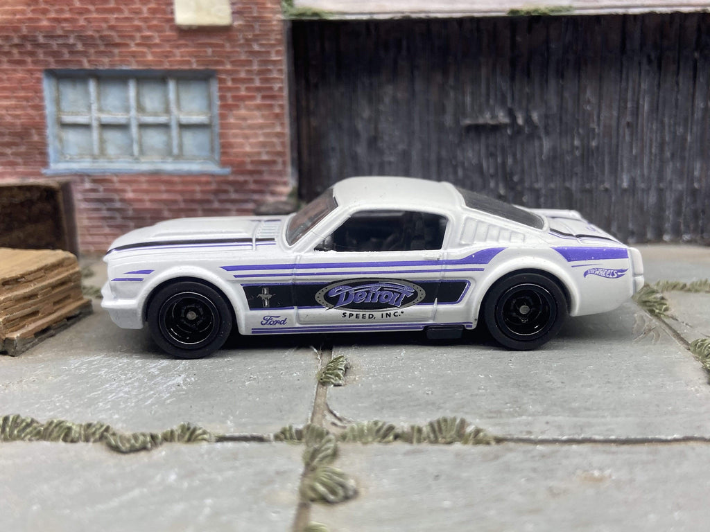 Custom Hot Wheels 1965 Ford Mustang Fastback In Detroit White and Blue With Black Deep Dish 5 Spoke Wheels With Rubber Tires