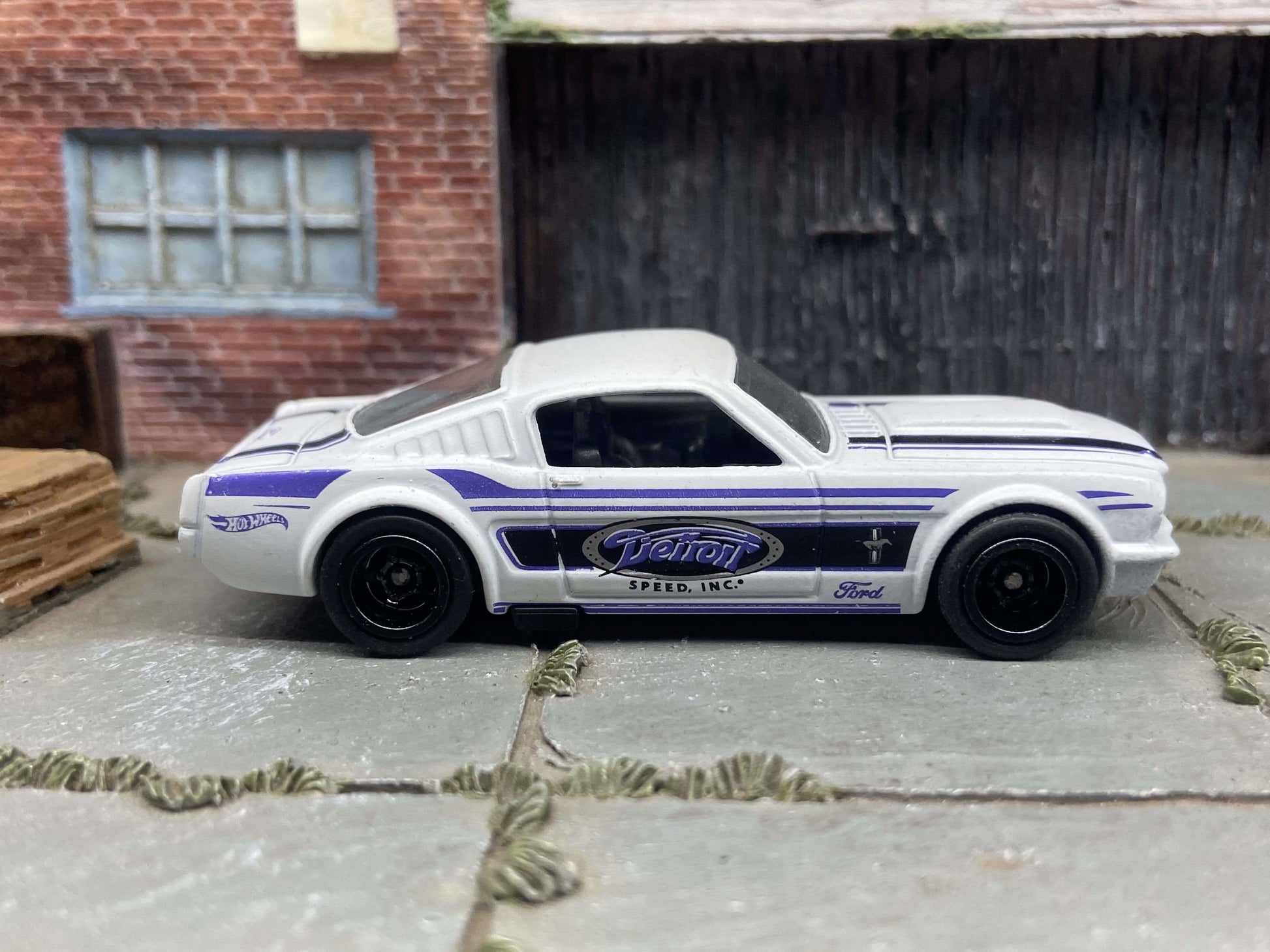 Custom Hot Wheels 1965 Ford Mustang Fastback In Detroit White and Blue With Black Deep Dish 5 Spoke Wheels With Rubber Tires