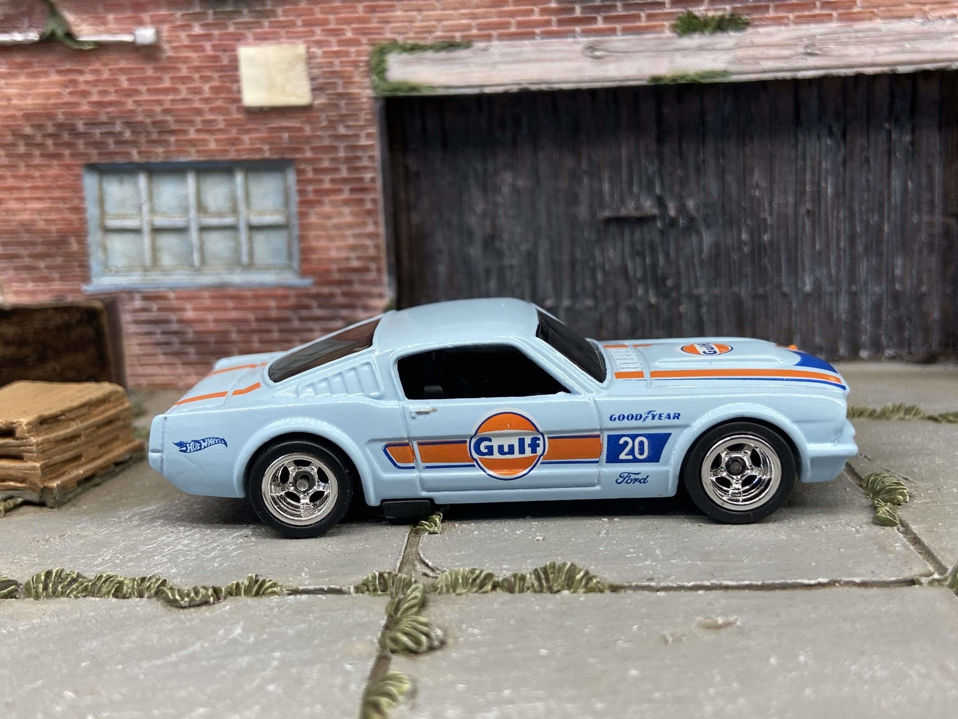 Custom Hot Wheels 1965 Ford Mustang Fastback In GULF Blue With Chrome American Racing Wheels With Rubber Tires
