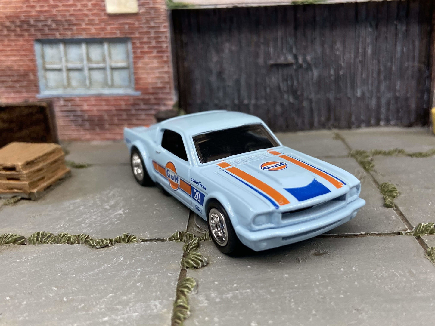 Custom Hot Wheels 1965 Ford Mustang Fastback In GULF Blue With Chrome American Racing Wheels With Rubber Tires