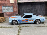 Custom Hot Wheels 1965 Ford Mustang Fastback In GULF Blue With Chrome American Racing Wheels With Rubber Tires
