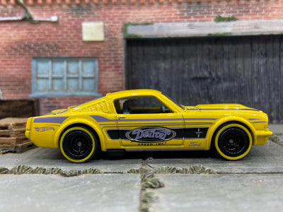 Custom Hot Wheels 1965 Ford Mustang Fastback In Yellow With Black Race Wheels With Yellow Line Rubber Tires