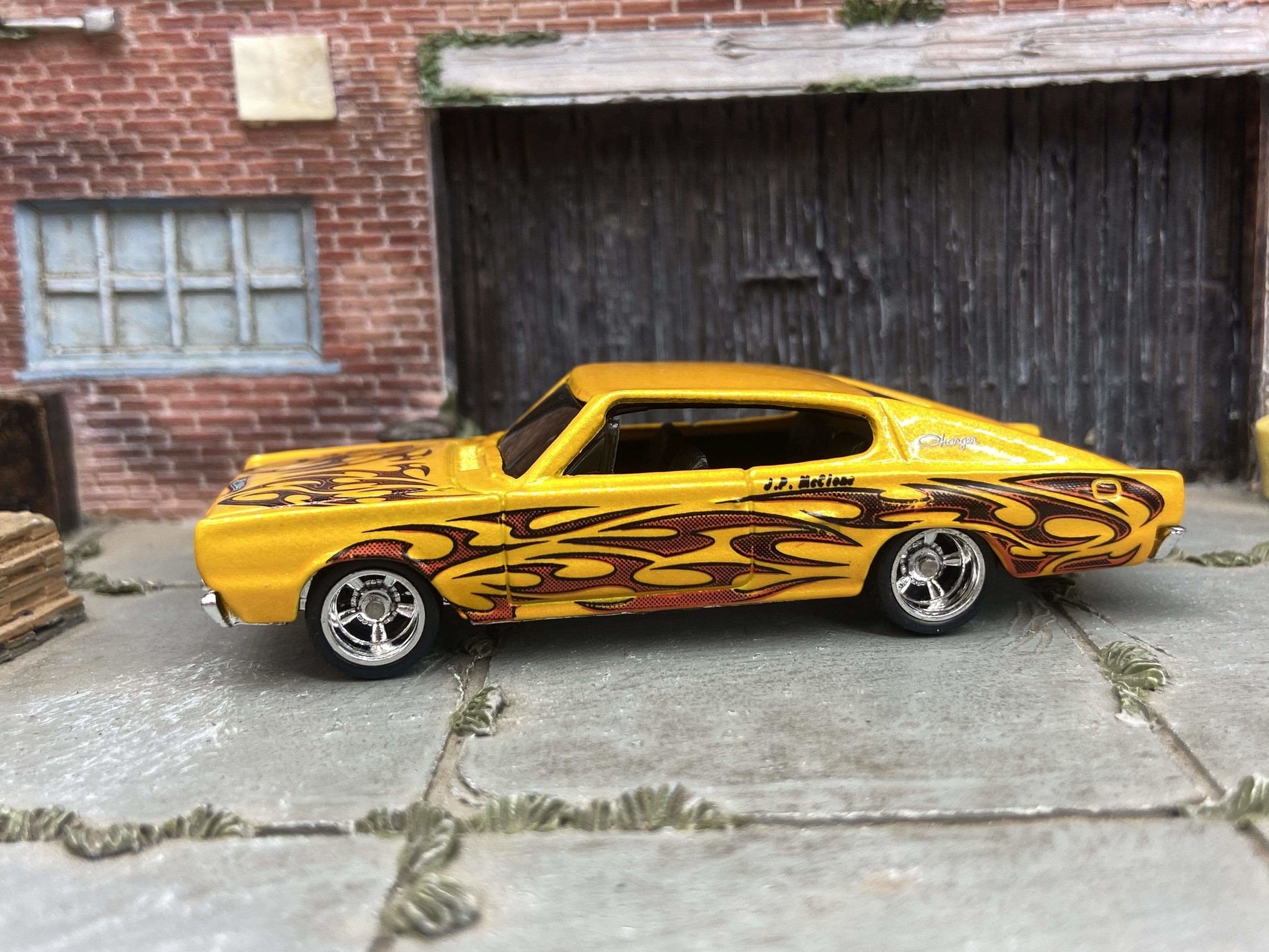 Custom Hot Wheels - 1967 Dodge Charger - Yellow with Flames - Chrome Mag Wheels with Rubber Tires