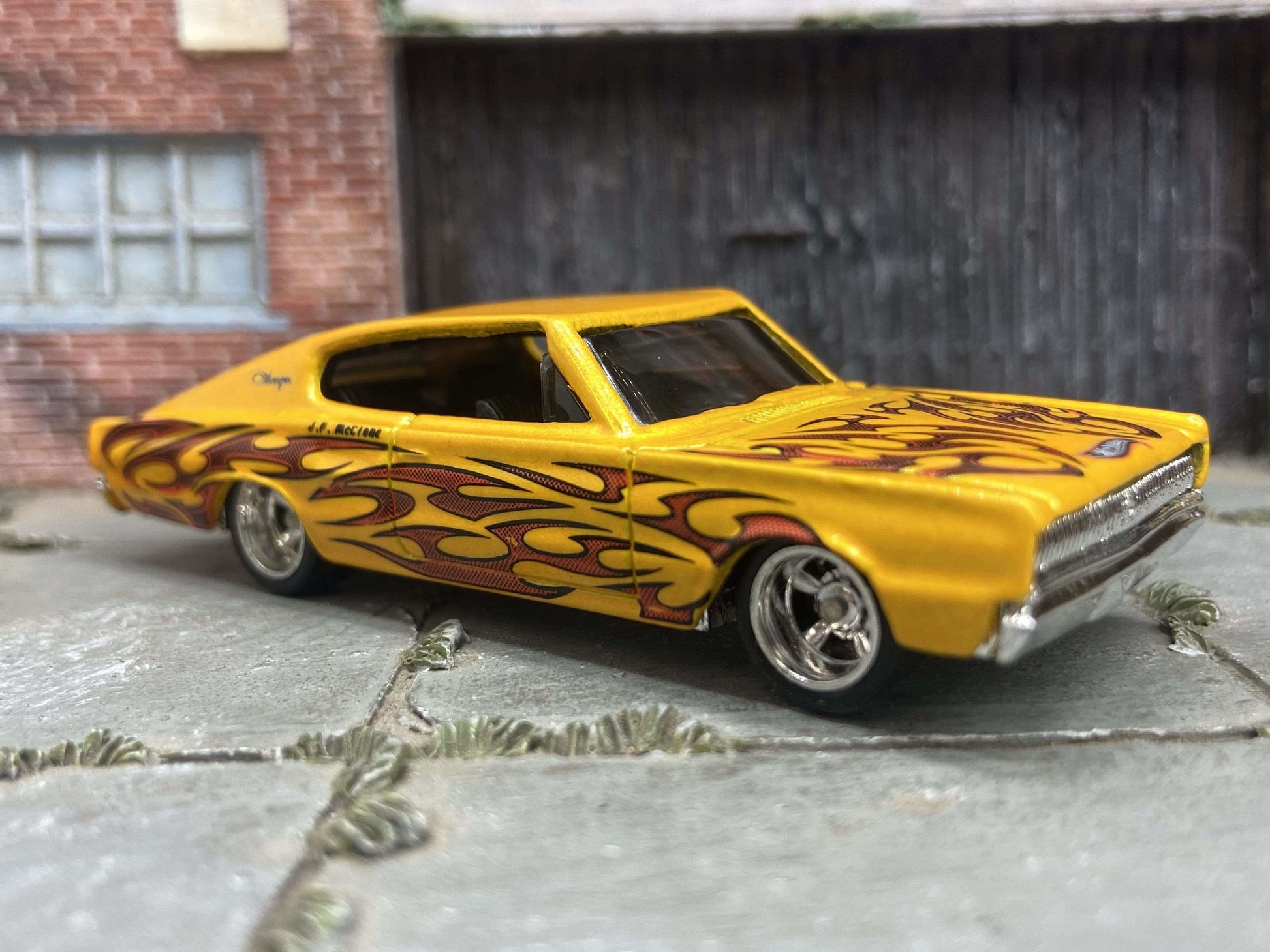 Custom Hot Wheels - 1967 Dodge Charger - Yellow with Flames - Chrome Mag Wheels with Rubber Tires