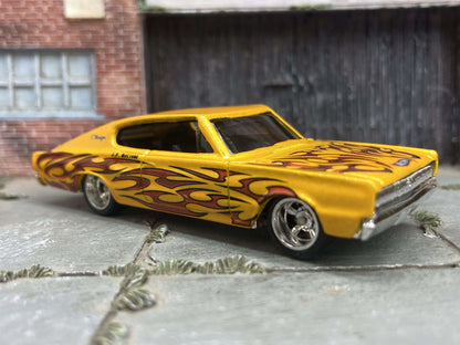 Custom Hot Wheels - 1967 Dodge Charger - Yellow with Flames - Chrome Mag Wheels with Rubber Tires