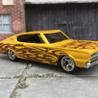 Custom Hot Wheels 1967 Dodge Charger In Yellow With Flames With Chrome American Racing Wheels With Rubber Tires