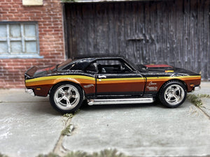 Custom Hot Wheels 1968 Camaro COPO in Black With Stripes With Chrome American Racing Wheels With Rubber Tires