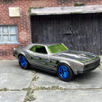 Custom Hot Wheels 1968 Chevy Camaro COPO In ZAMAC Silver and Green With Flames With Blue Chrome 5 Spoke Wheels With Hoosier Rubber Tires