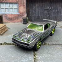 Custom Hot Wheels 1968 Chevy Camaro COPO In ZAMAC Silver and Green With Flames With Green Chrome 5 Spoke Wheels With Goodyear Rubber Tires