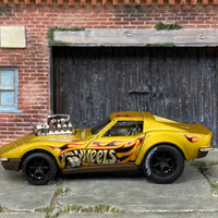 Custom Hot Wheels - 1968 Chevy Corvette - Gas Monkey Garage Gold - Black 6 Spoke Wheels - Micheline Slicks