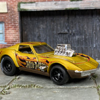 Custom Hot Wheels - 1968 Chevy Corvette - Gas Monkey Garage Gold - Black 6 Spoke Wheels - Micheline Slicks