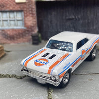 Custom Hot Wheels 1968 Chevy Nova In GULF White With Hot Rod Mags With Goodyear Rubber Tires