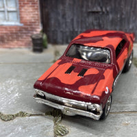 Custom Hot Wheels 1968 Chevy Nova In Red Camo With Chrome 5 Star Racing Wheels With Hoosier Cheater Slicks Rubber Tires