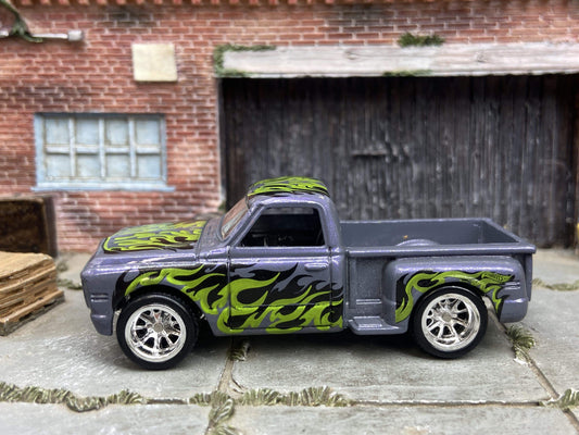 Custom Hot Wheels -1969 Chevy C10 Truck - Purple with Flames - BBS Racing Wheels - Rubber Tires