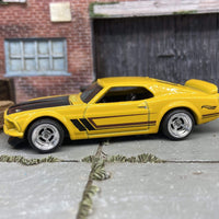 Custom Hot Wheels 1969 Ford Mustang Boss 302 In Yellow and Black With Chrome 4 Spoke Wheels With Rubber Tires
