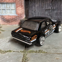 Custom Hot Wheels 1970 Ford Escort RS 1600 Race Car In Black and White With Chrome 6 Spoke Race Wheels With Rubber Tires