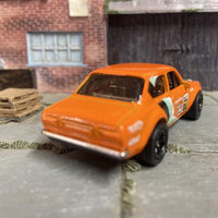 Custom Hot Wheels 1970 Ford Escort RS 1600 Race Car In Orange With Black 5 Spoke Wheels With Rubber Tires