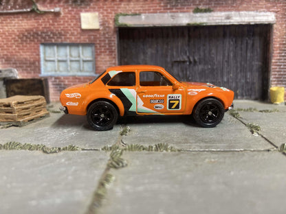 Custom Hot Wheels - 1970 Ford Escort RS 1600 Race Car - Orange - Black 5 Spoke Wheels - Rubber Tires