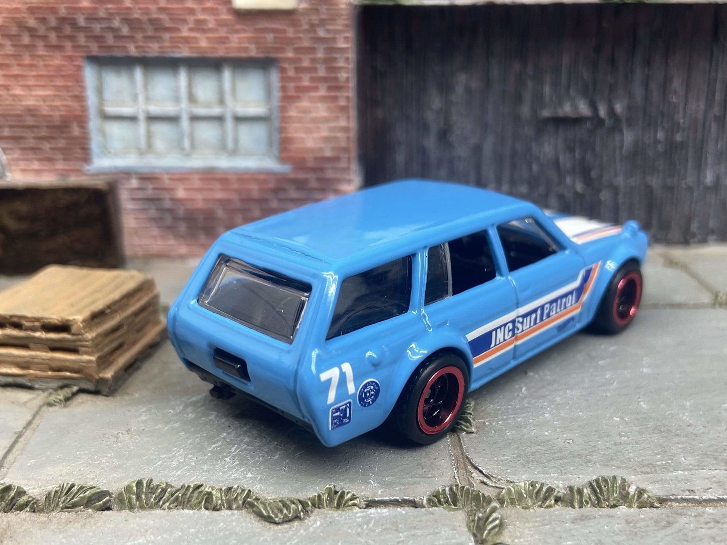 Custom Hot Wheels 1971 Datsun 510 Wagon In Light Blue and White With Black and Red 5 Spoke Wheels With Rubber Tires