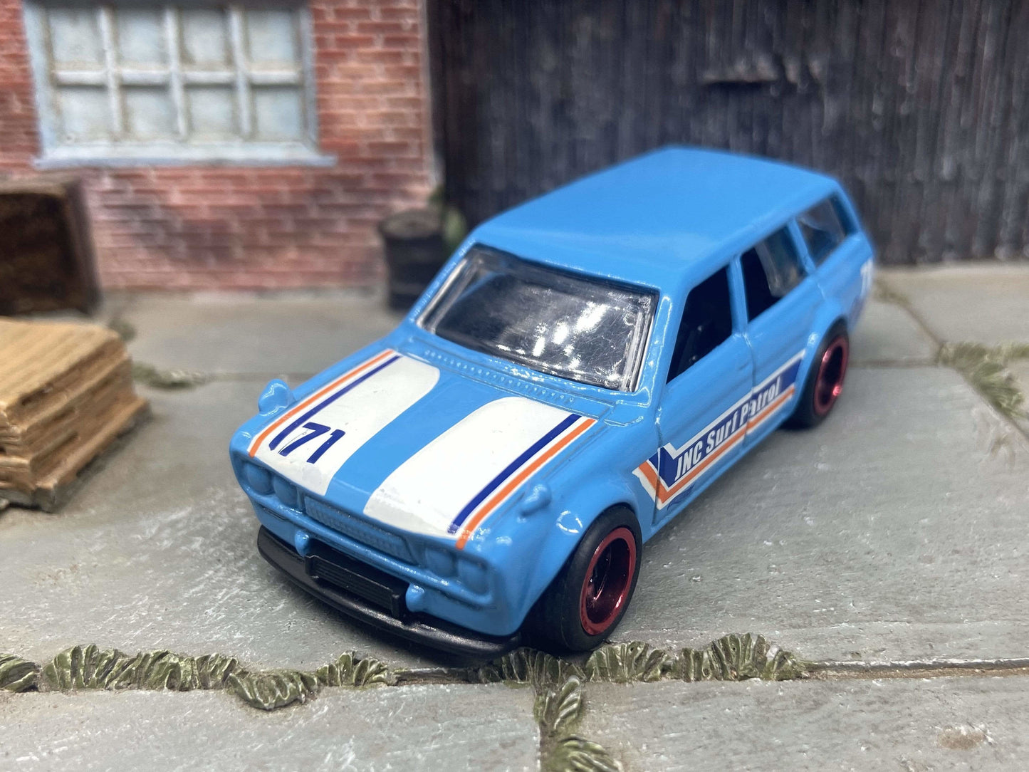Custom Hot Wheels 1971 Datsun 510 Wagon In Light Blue and White With Black and Red 5 Spoke Wheels With Rubber Tires