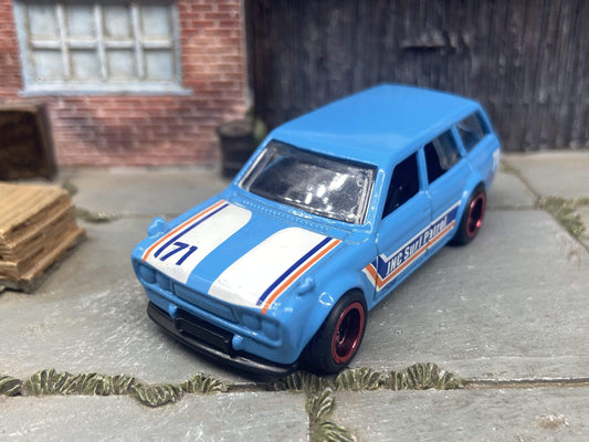 Custom Hot Wheels 1971 Datsun 510 Wagon In Light Blue and White With Black and Red 5 Spoke Wheels With Rubber Tires