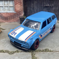 Custom Hot Wheels 1971 Datsun 510 Wagon In Light Blue and White With Black and Red 5 Spoke Wheels With Rubber Tires