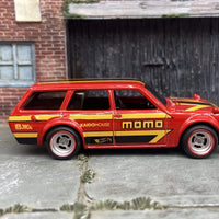 Custom Hot Wheels 1971 Datsun 510 Wagon In MOMO Red Yellow Black With Chrome and Red 4 Spoke Race Wheels With Rubber Tires
