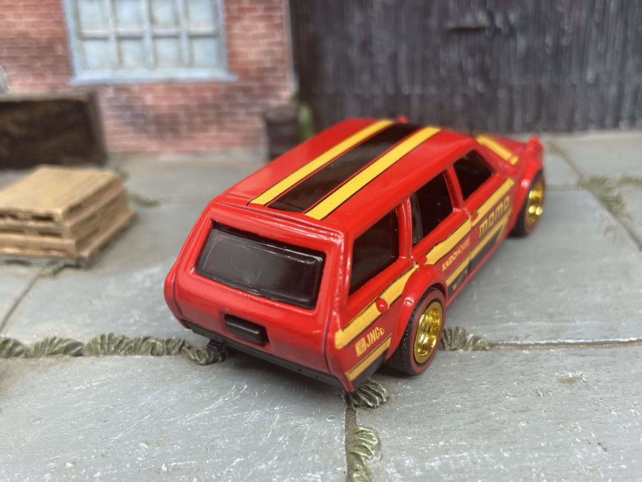 Custom Hot Wheels 1971 Datsun 510 Wagon In MOMO Red Yellow Black With Gold 5 Spoke Race Wheels With Redline Rubber Tires