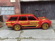 Custom Hot Wheels 1971 Datsun 510 Wagon In MOMO Red Yellow Black With Gold 5 Spoke Race Wheels With Redline Rubber Tires