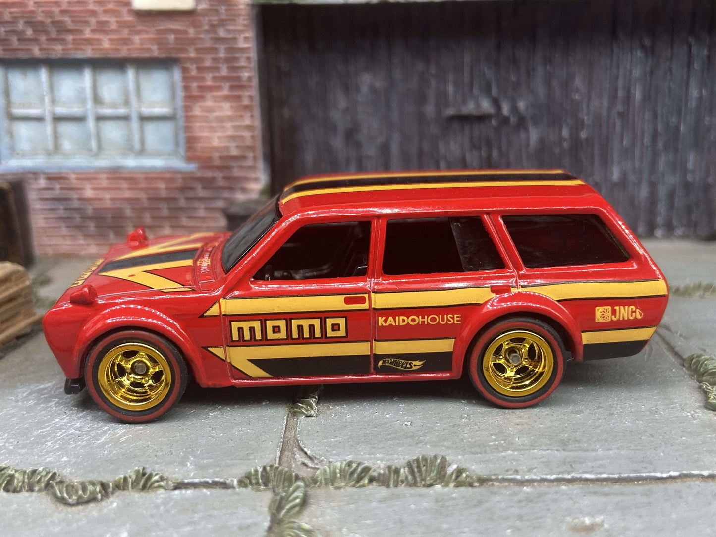 Custom Hot Wheels 1971 Datsun 510 Wagon In MOMO Red Yellow Black With Gold 5 Spoke Race Wheels With Redline Rubber Tires