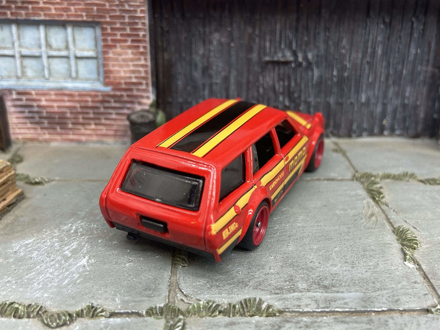 Custom Hot Wheels - 1971 Datsun 510 Wagon - MOMO Red Yellow Black - Red 4 Spoke Race Wheels - Rubber Tires