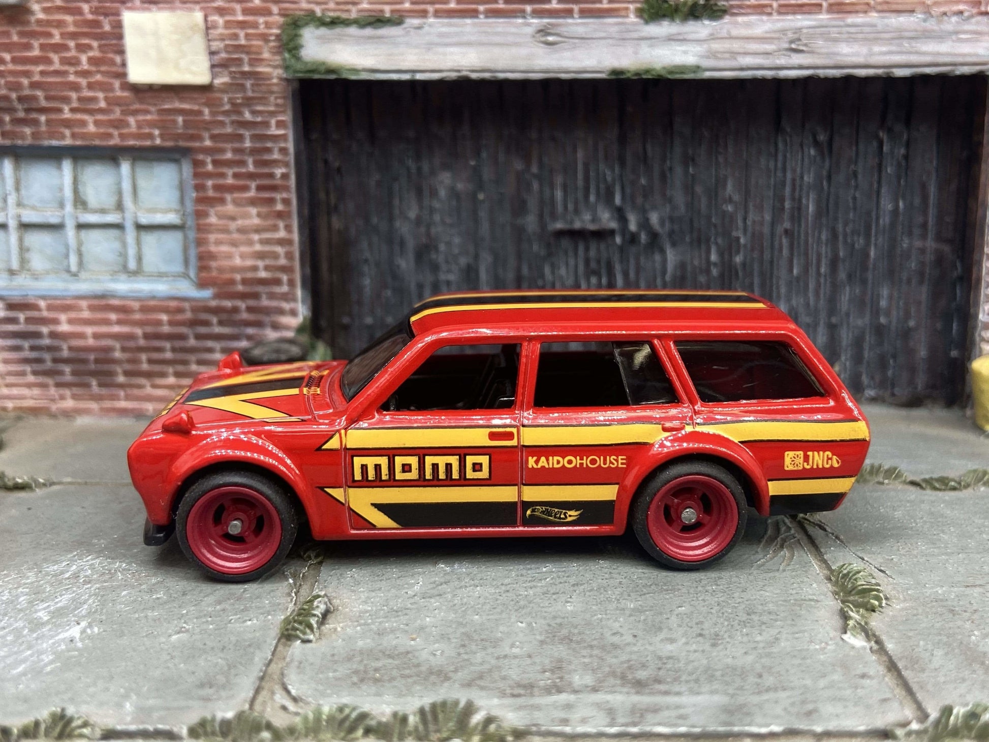 Custom Hot Wheels - 1971 Datsun 510 Wagon - MOMO Red Yellow Black - Red 4 Spoke Race Wheels - Rubber Tires