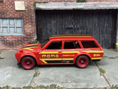 Custom Hot Wheels - 1971 Datsun 510 Wagon - MOMO Red Yellow Black - Red 4 Spoke Race Wheels - Rubber Tires