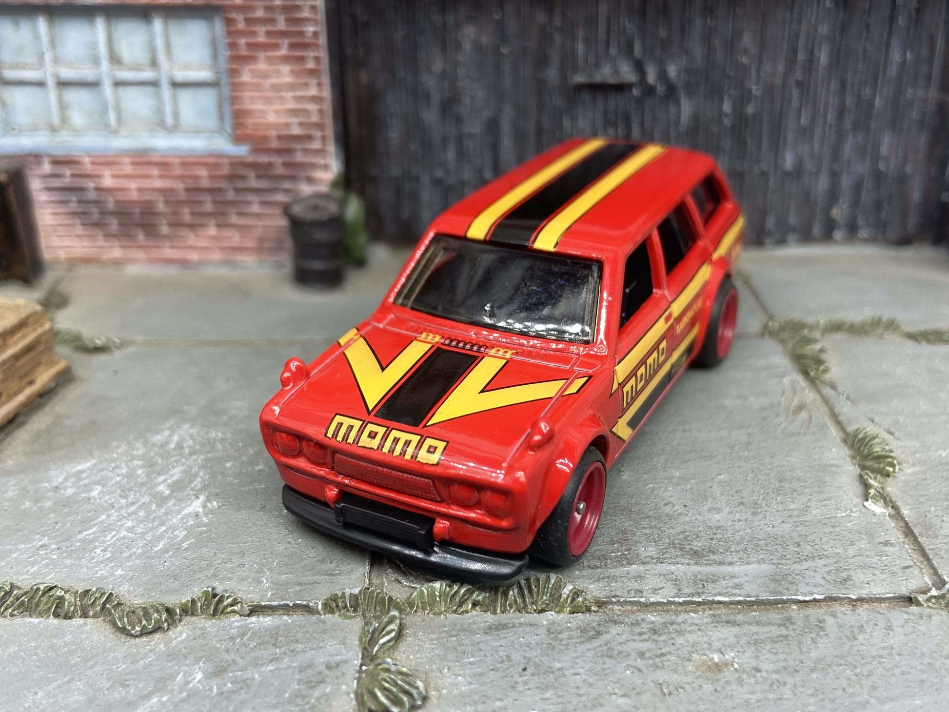 Custom Hot Wheels - 1971 Datsun 510 Wagon - MOMO Red Yellow Black - Red 4 Spoke Race Wheels - Rubber Tires