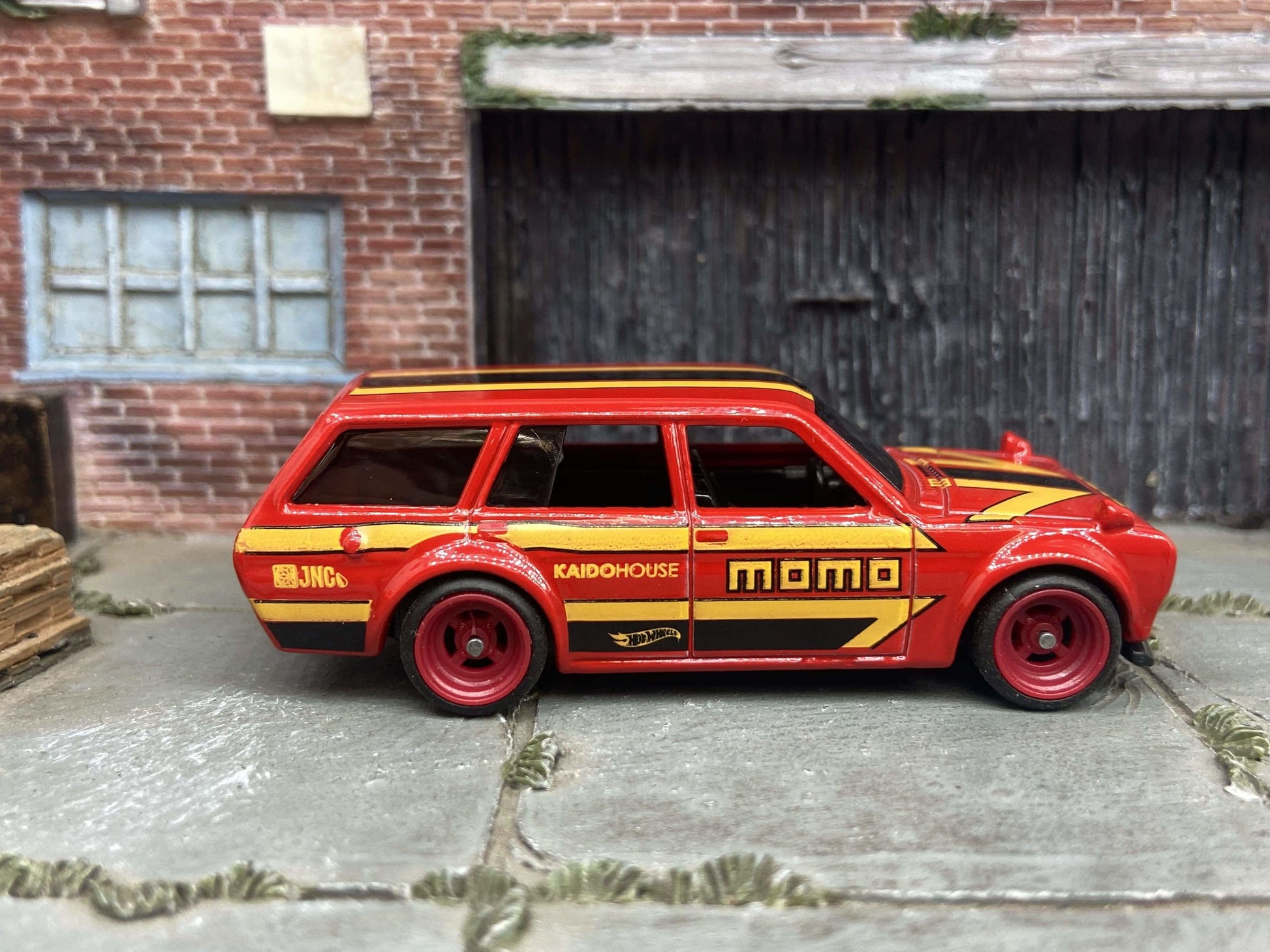 Custom Hot Wheels - 1971 Datsun 510 Wagon - MOMO Red Yellow Black - Red 4 Spoke Race Wheels - Rubber Tires