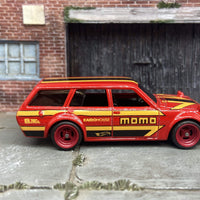 Custom Hot Wheels 1971 Datsun 510 Wagon In MOMO Red Yellow Black With Red 4 Spoke Race Wheels With Rubber Tires
