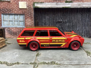 Custom Hot Wheels - 1971 Datsun 510 Wagon - MOMO Red Yellow Black - Red 4 Spoke Race Wheels - Rubber Tires