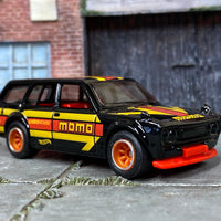 Custom Hot Wheels - 1971 Datsun 510 Wagon - MOMO Black, Red and Yellow - Red and Chrome Race Wheels - Rubber Tires