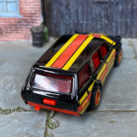 Custom Hot Wheels - 1971 Datsun 510 Wagon - MOMO Black, Red and Yellow - Red and Chrome Race Wheels - Rubber Tires