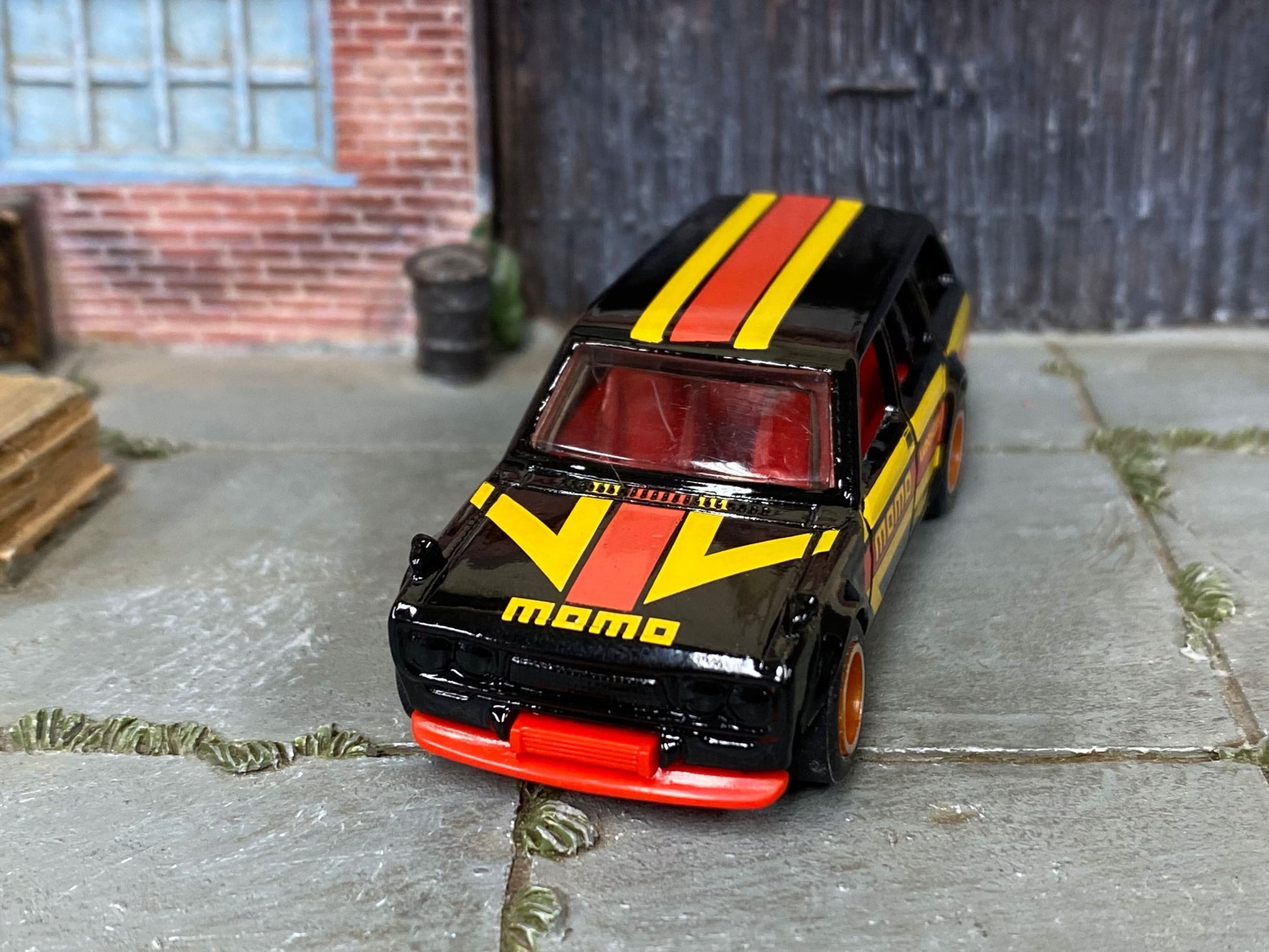 Custom Hot Wheels - 1971 Datsun 510 Wagon - MOMO Black, Red and Yellow - Red and Chrome Race Wheels - Rubber Tires