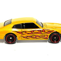 Custom Hot Wheels - 1971 Ford Maverick Grabber - Golden Yellow with Flames - Black and Red 4 Spoke Wheels - Rubber Tires