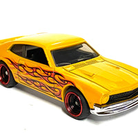 Custom Hot Wheels - 1971 Ford Maverick Grabber - Golden Yellow with Flames - Black and Red 4 Spoke Wheels - Rubber Tires