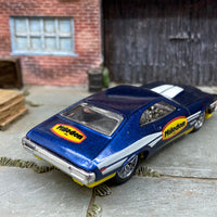 Custom Hot Wheels 1972 Ford Gran Torino Sport In Milodon Blue Livery With 12 Spoke Wheels With Rubber Tires