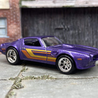Custom Hot Wheels 1973 Pontiac Firebird In Purple With Stripes With Chrome BBS Wheels With Rubber Tires