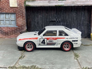 Custom Hot Wheels 1984 Audi Sport Quatro In White Red and Green Livery With Chrome and Red 4 Spoke Race Wheels With Rubber Tires