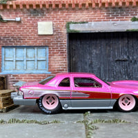 Custom Hot Wheels - 1988 Ford T-Bird Drag Car - Pink and Silver - Pink 4 Spoke Wheels - Rubber Tires