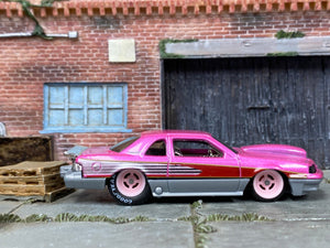 Custom Hot Wheels - 1988 Ford T-Bird Drag Car - Pink and Silver - Pink 4 Spoke Wheels - Rubber Tires