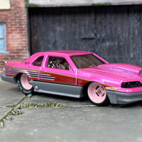 Custom Hot Wheels - 1988 Ford T-Bird Drag Car - Pink and Silver - Pink 4 Spoke Wheels - Rubber Tires