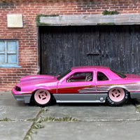 Custom Hot Wheels - 1988 Ford T-Bird Drag Car - Pink and Silver - Pink 4 Spoke Wheels - Rubber Tires