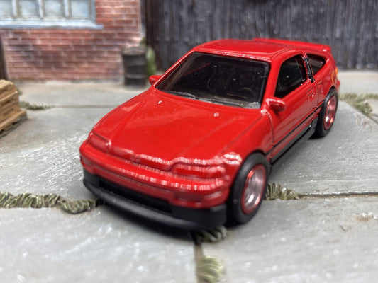 Custom Hot Wheels 1988 Honda CRX In Red With Chrome and Red 5 Spoke Race Wheels With Rubber Tires